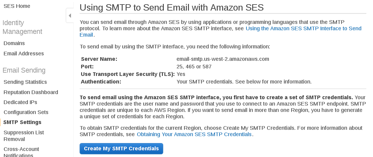 AWS SES SMTP settings